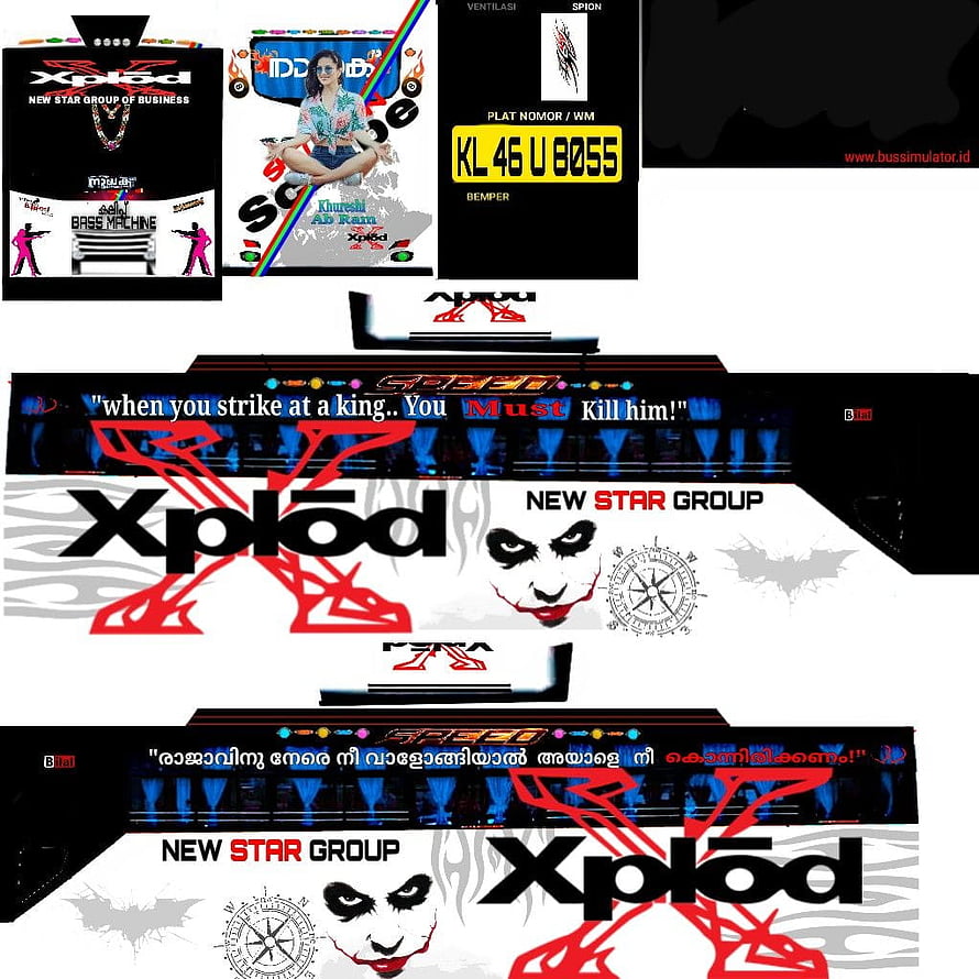 Xplod New Star Group bus livery design featuring Joker face and red flame graphics HD phone wallpaper