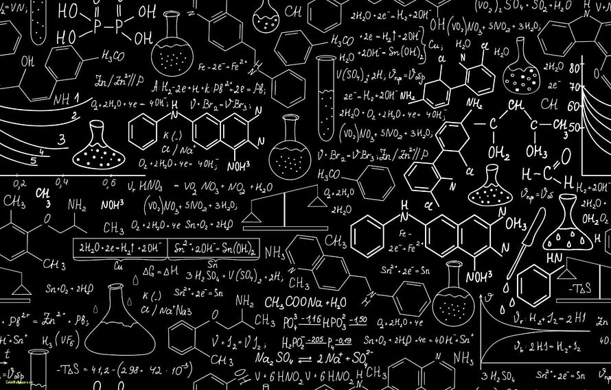 Hand-drawn organic chemistry formulas and molecular structures on a black chalkboard background HD wallpaper