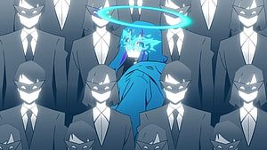 Yoru no Piero ADO Anime Character with Glowing Halo Surrounded by Masked Figures HD wallpaper