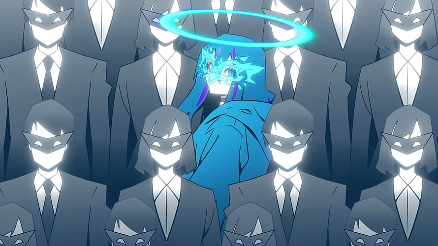 Yoru no Piero ADO Anime Character with Glowing Halo Surrounded by Masked Figures HD wallpaper