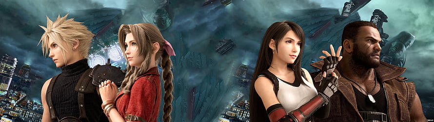 Final Fantasy VII Remake Main Character Lineup Against Misty City Skyline HD wallpaper