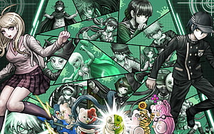 Danganronpa V3 Killing Harmony Character Collage with Monokuma and Green Aesthetic HD wallpaper