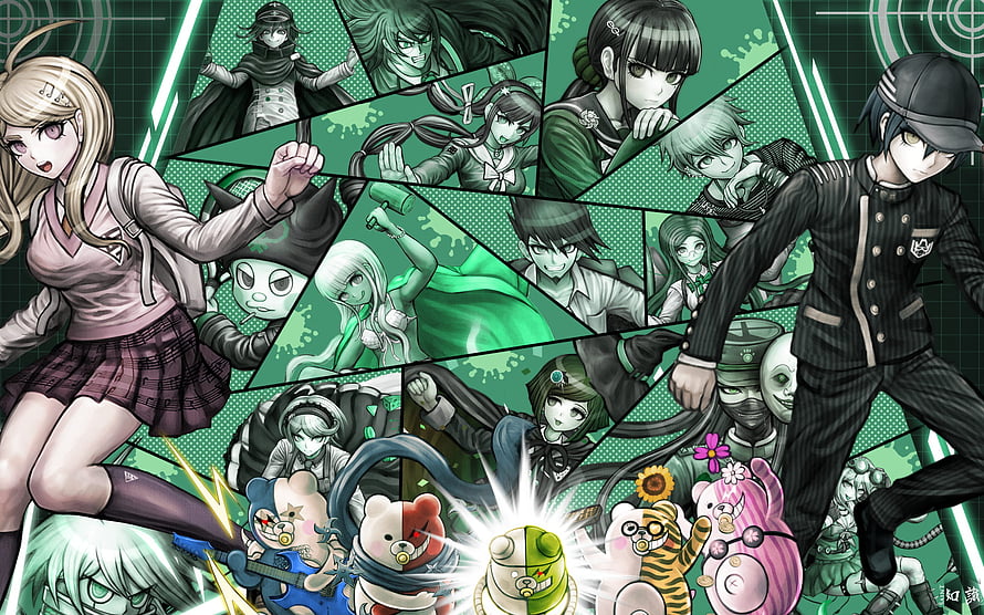 Danganronpa V3 Killing Harmony Character Collage with Monokuma and Green Aesthetic HD wallpaper
