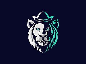 Crowned Lion Head Gaming Logo in White and Teal Vector Style HD wallpaper