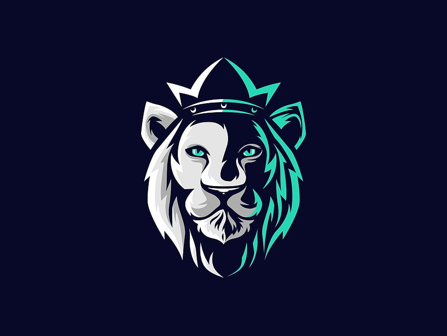 Crowned Lion Head Gaming Logo in White and Teal Vector Style HD wallpaper