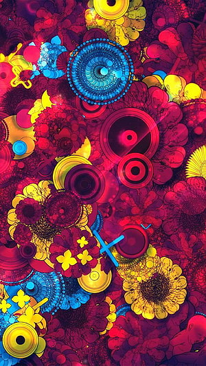 Vibrant Abstract Art with Swirling Geometric Shapes and Floral Motifs in Red, Blue, and Yellow HD phone wallpaper