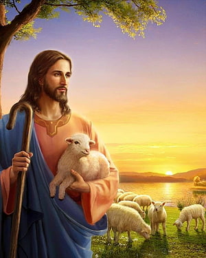 Jesus Christ as the Good Shepherd Holding a Lamb at Sunset HD phone wallpaper