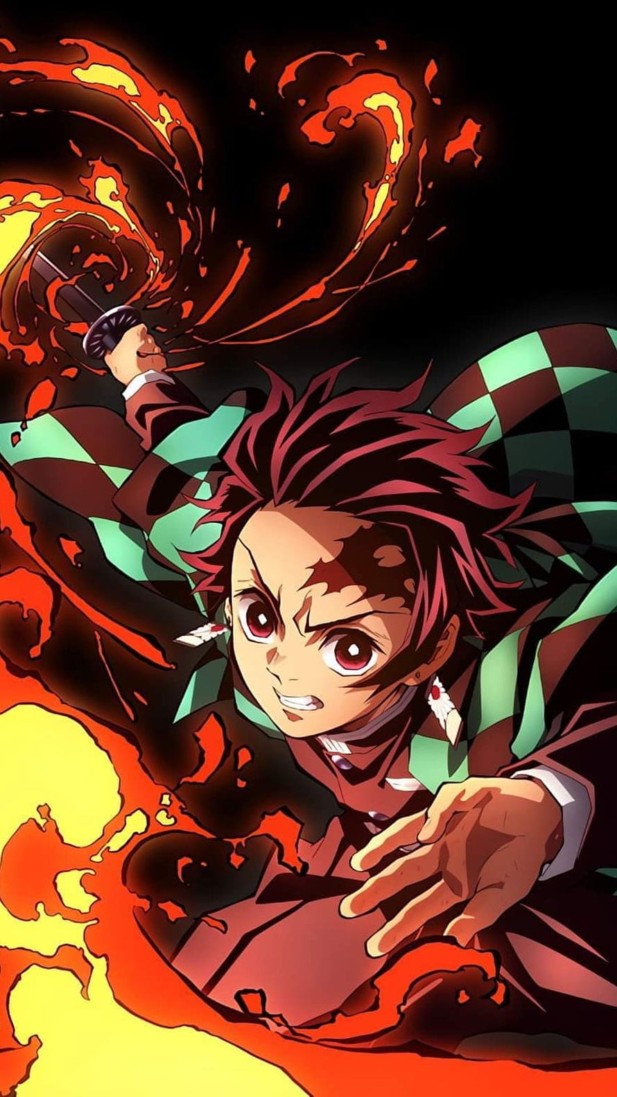 Tanjiro Kamado Demon Slayer Anime Character with Flame Effects and Checkered Haori HD phone wallpaper