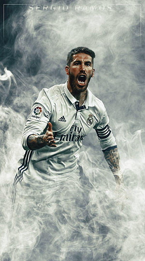 Sergio Ramos in Real Madrid Kit Roaring Through Dramatic Smoke HD phone wallpaper