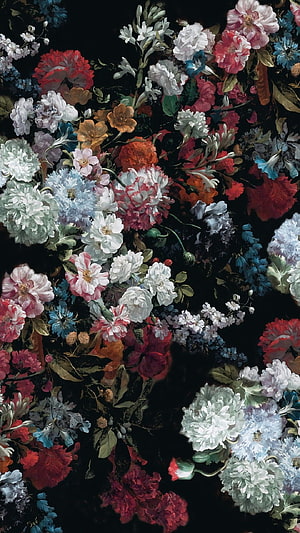 Dark Baroque Floral Arrangement with Vibrant Peonies and Roses on Black Background HD phone wallpaper