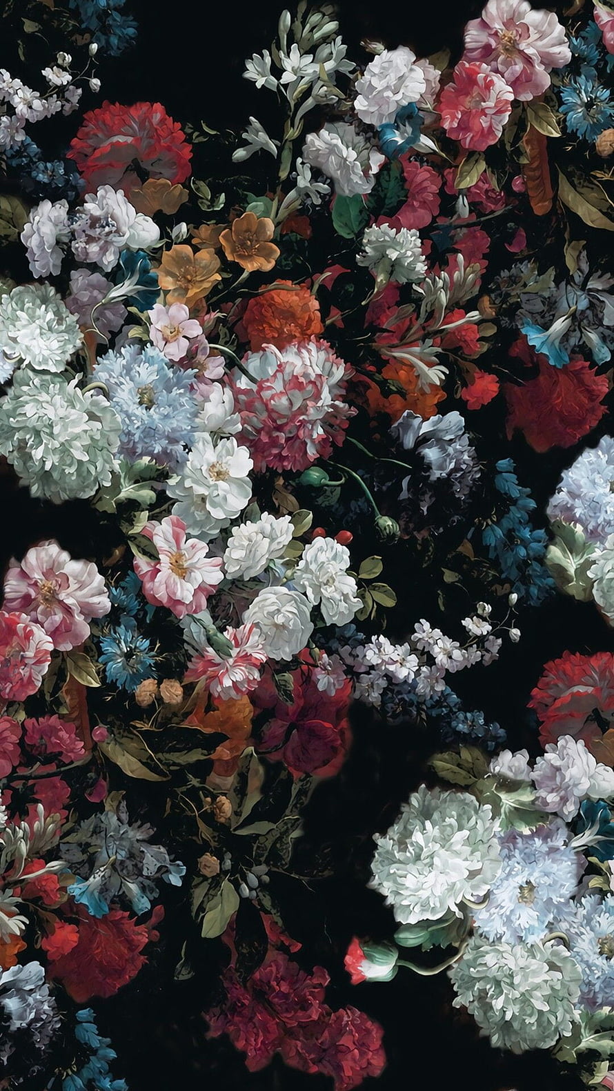 Dark Baroque Floral Arrangement with Vibrant Peonies and Roses on Black Background HD phone wallpaper