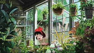 Kiki from Kiki's Delivery Service Peeking Through a Lush Greenhouse Window HD wallpaper