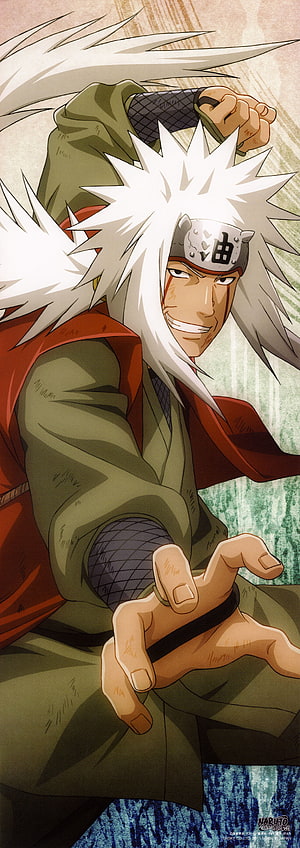 Jiraiya from Naruto in dynamic battle pose with white spiky hair and headband HD phone wallpaper