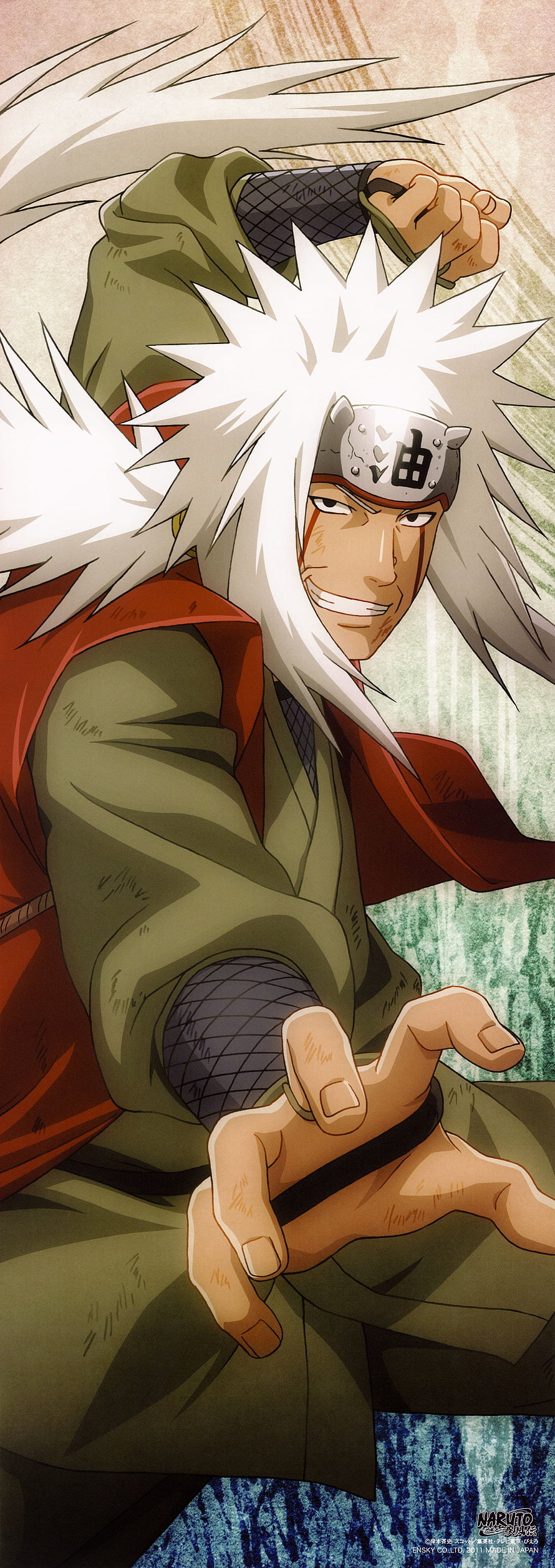 Jiraiya from Naruto in dynamic battle pose with white spiky hair and headband HD phone wallpaper