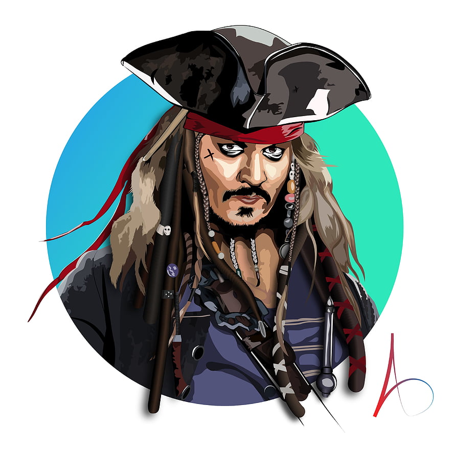 Jack Sparrow Vector Portrait with Tricorn Hat and Beaded Dreadlocks HD wallpaper