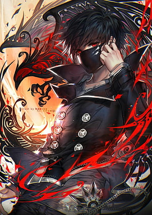 Dark Demon Anime Boy with Red Eyes and Black Mask in Dramatic Illustration HD phone wallpaper