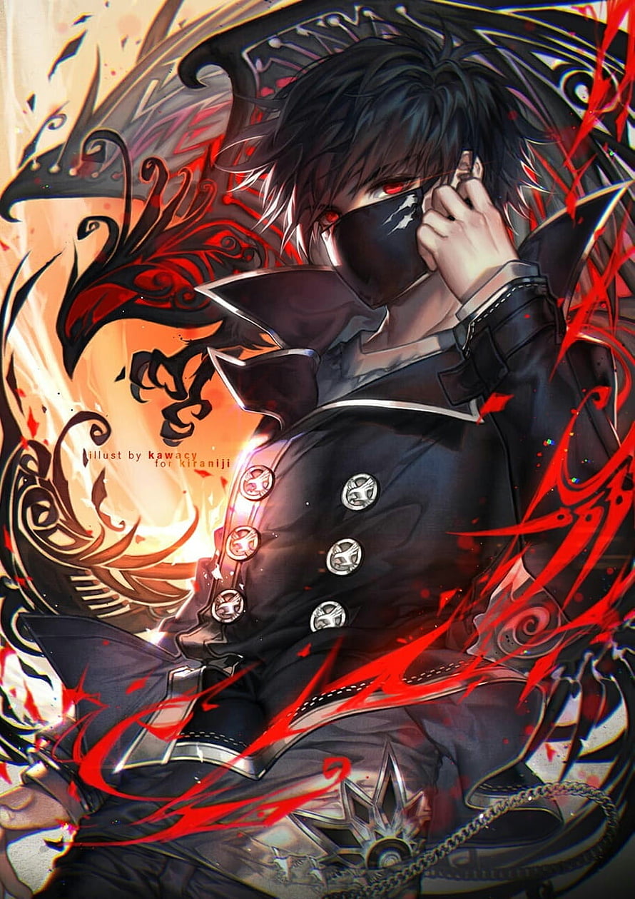 Dark Demon Anime Boy with Red Eyes and Black Mask in Dramatic Illustration HD phone wallpaper