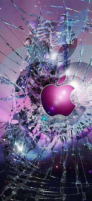 Apple Logo Shattering Through Cracked Glass with Purple and Blue Neon Glow HD phone wallpaper