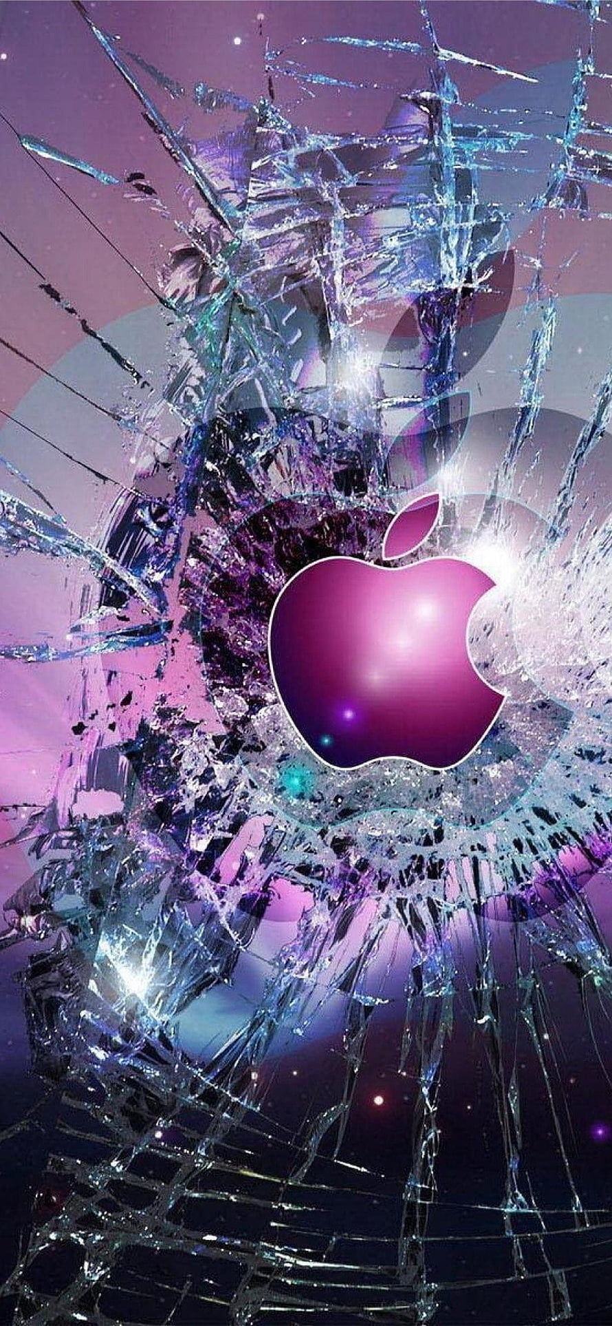Apple Logo Shattering Through Cracked Glass with Purple and Blue Neon Glow HD phone wallpaper