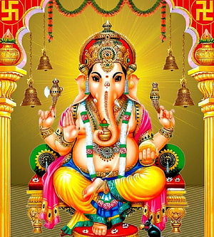 Lord Ganesha Seated on Ornate Throne with Bells and Swastika Symbols HD phone wallpaper