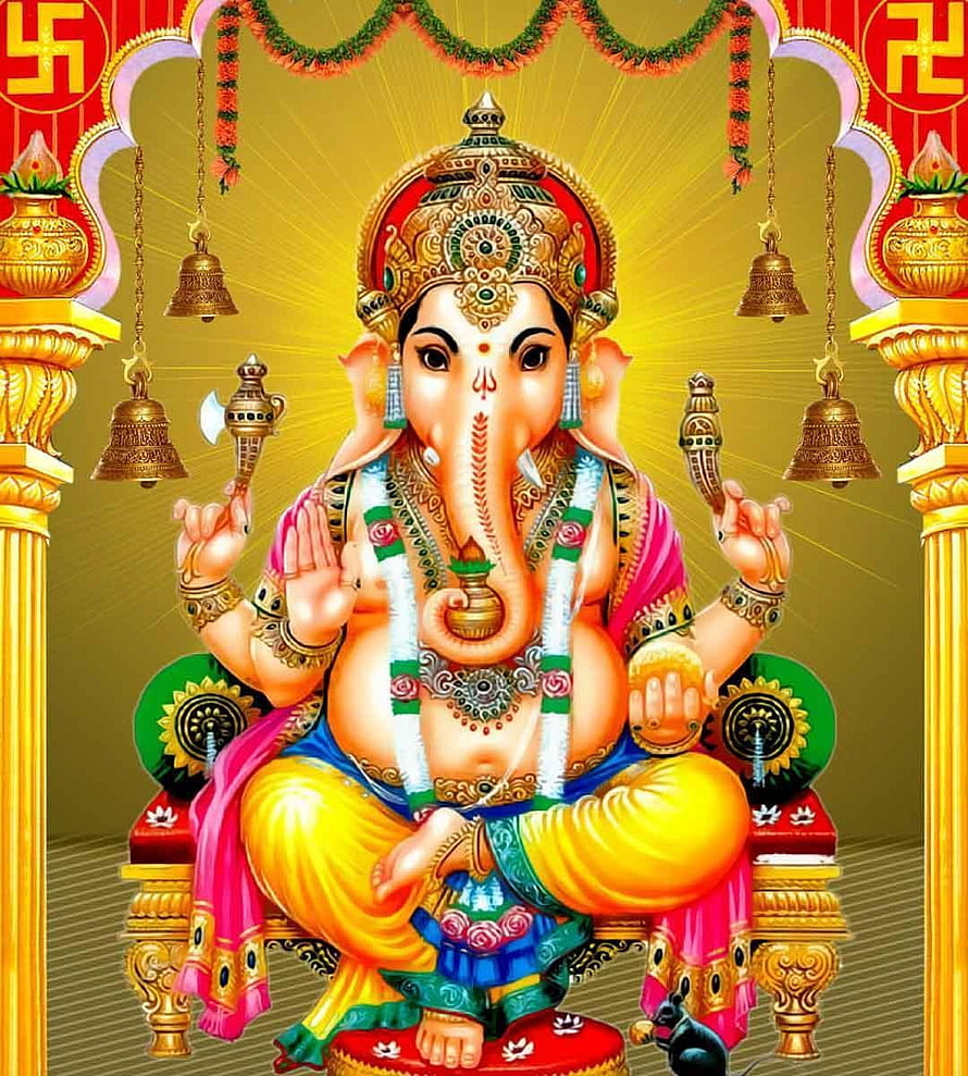 Lord Ganesha Seated on Ornate Throne with Bells and Swastika Symbols HD phone wallpaper