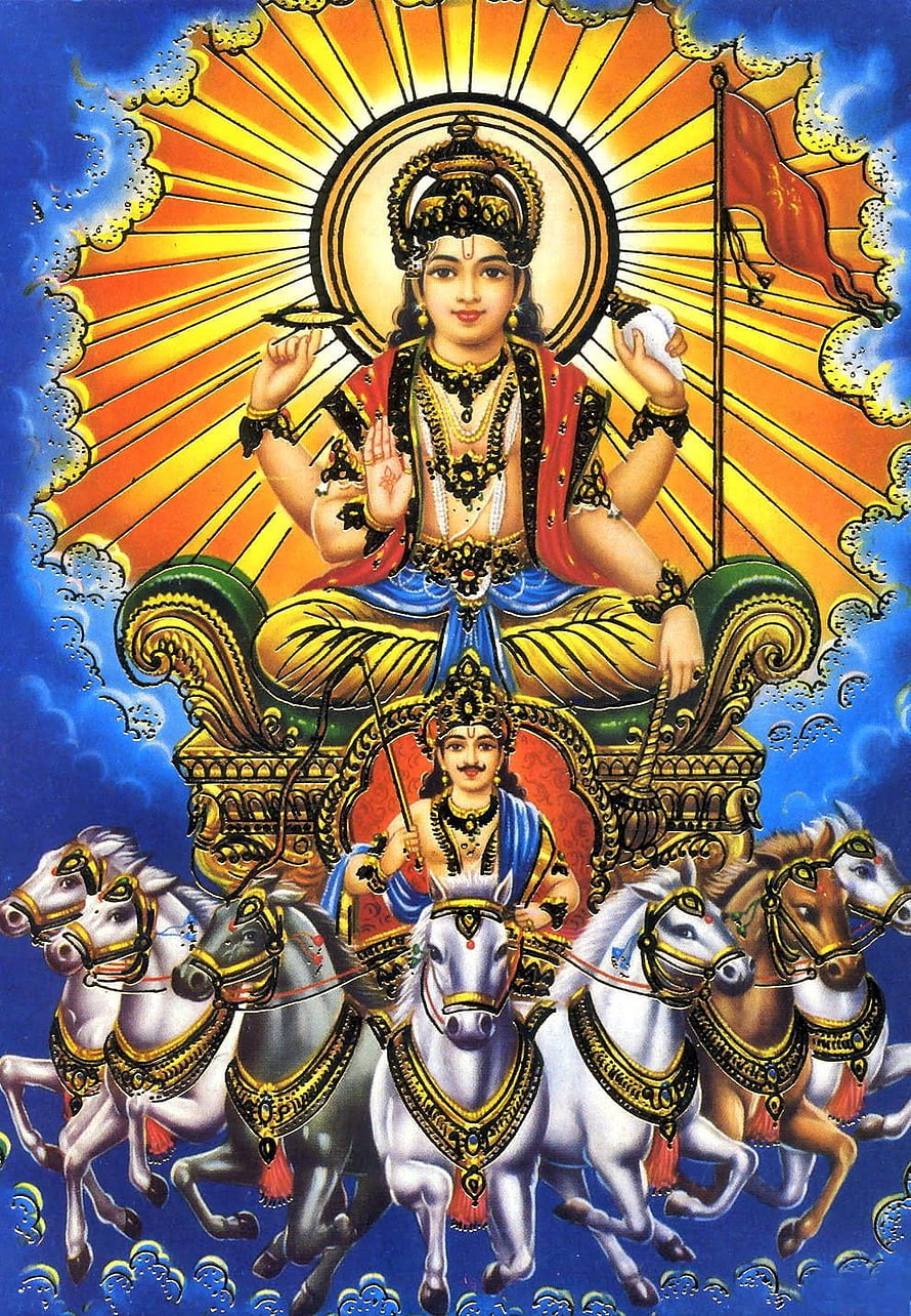 Surya Dev Riding Seven Horses with Radiant Sun Halo and Divine Regalia HD phone wallpaper
