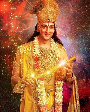 Saurabh Raj Jain as Lord Krishna in Golden Attire with Cosmic Nebula Background HD phone wallpaper