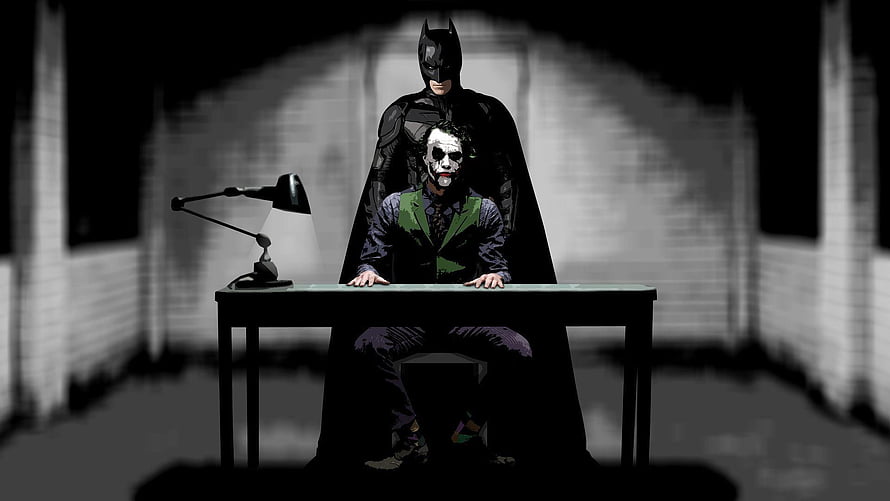 Batman and The Joker in a Dark Interrogation Room Scene HD wallpaper