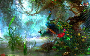 Vibrant Peacocks in a Lush Enchanted Jungle with Lotus Flowers and Misty Water HD wallpaper