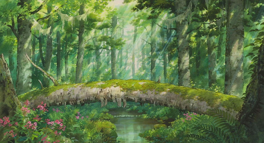 Studio Ghibli Animated Forest Scene with Mossy Bridge and Stream HD wallpaper