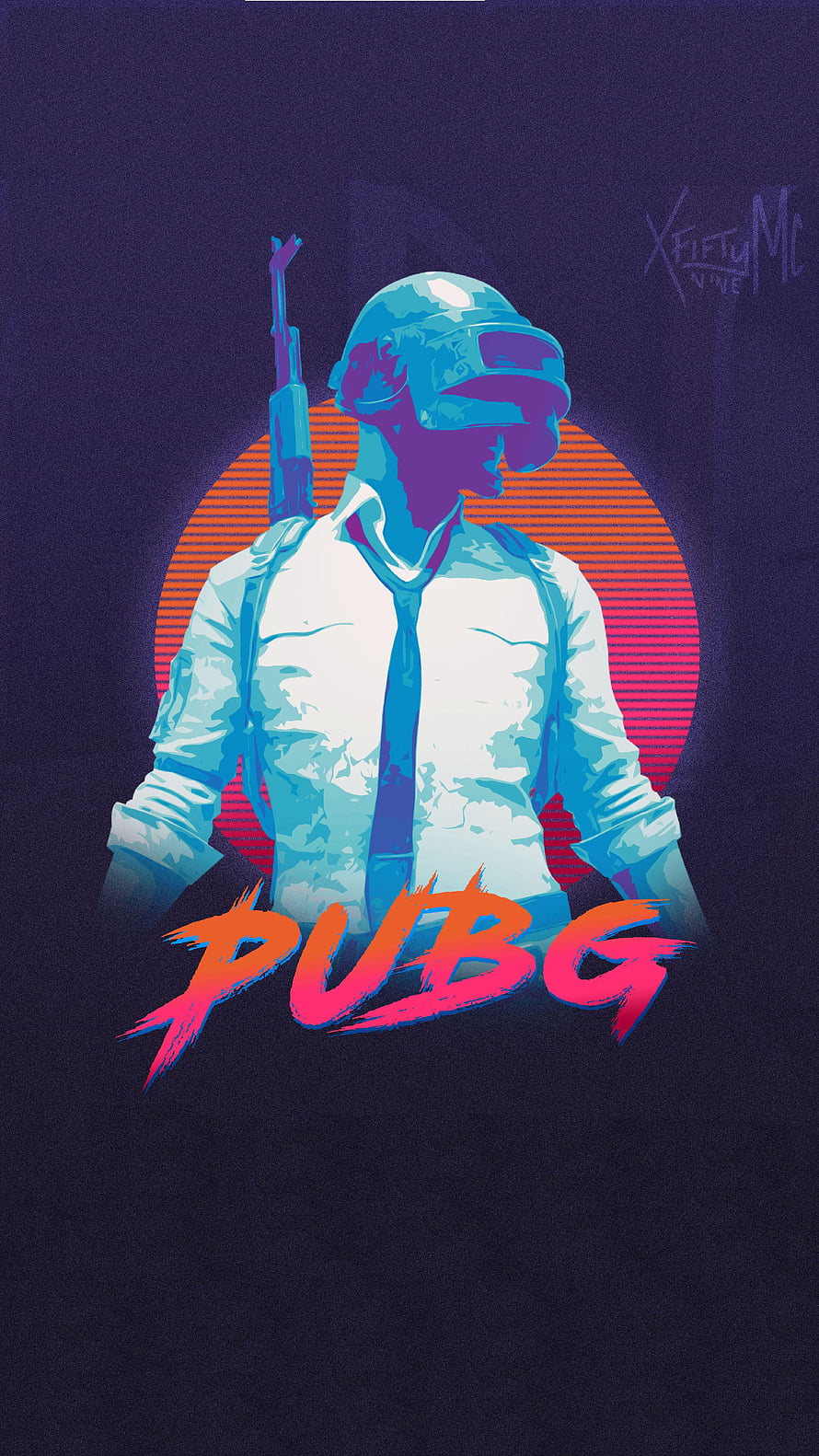 PUBG Mobile Soldier in Level 3 Helmet and White Shirt with Retro Neon Sunset Background HD phone wallpaper