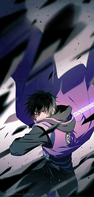 Uchiha Sasuke Anime Character with Red Eyes and Purple Cloak in Dark Action Pose HD phone wallpaper