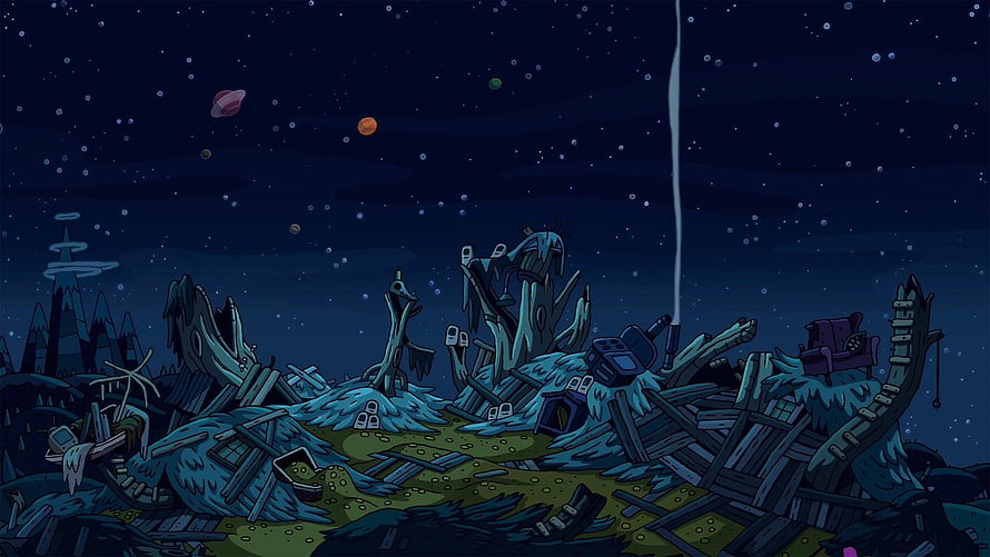 Adventure Time Ooo Ruins Under Starry Night Sky with Distant Planets HD wallpaper
