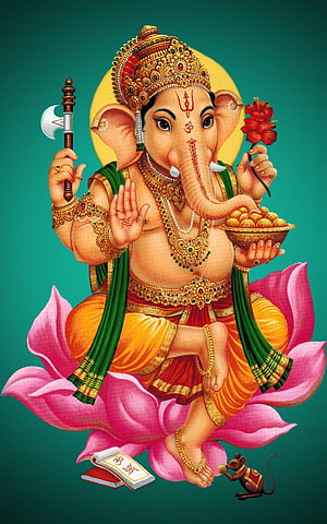 Lord Ganesha Seated on Lotus with Axe, Modak, and Mouse Vahana in Traditional Indian Art HD phone wallpaper