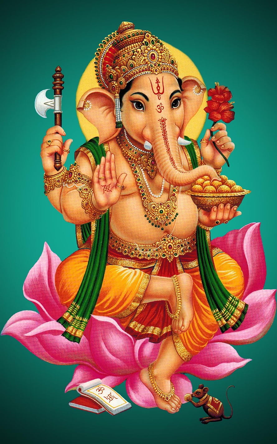 Lord Ganesha Seated on Lotus with Axe, Modak, and Mouse Vahana in Traditional Indian Art HD phone wallpaper