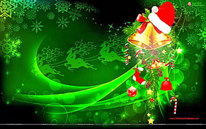 Vibrant Green Christmas Wallpaper with Golden Bell, Santa Hat, and Reindeer Silhouette HD wallpaper