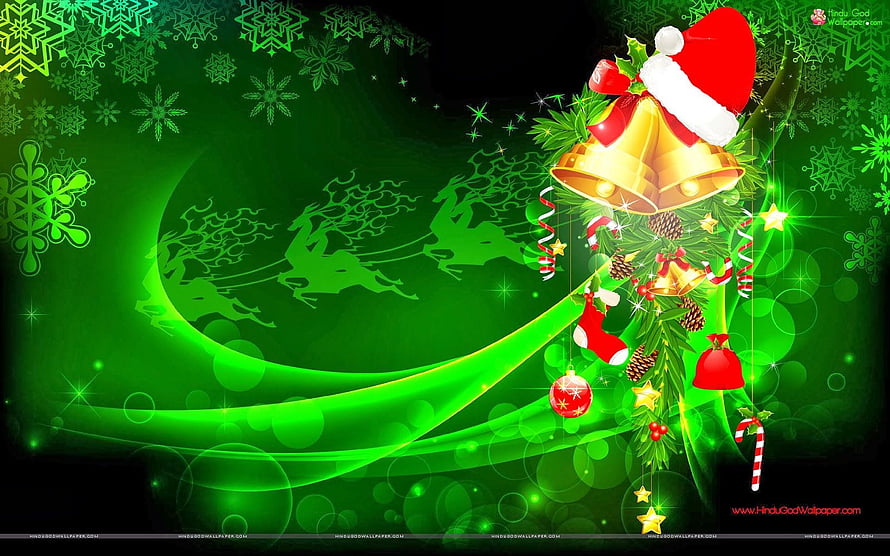 Vibrant Green Christmas Wallpaper with Golden Bell, Santa Hat, and Reindeer Silhouette HD wallpaper