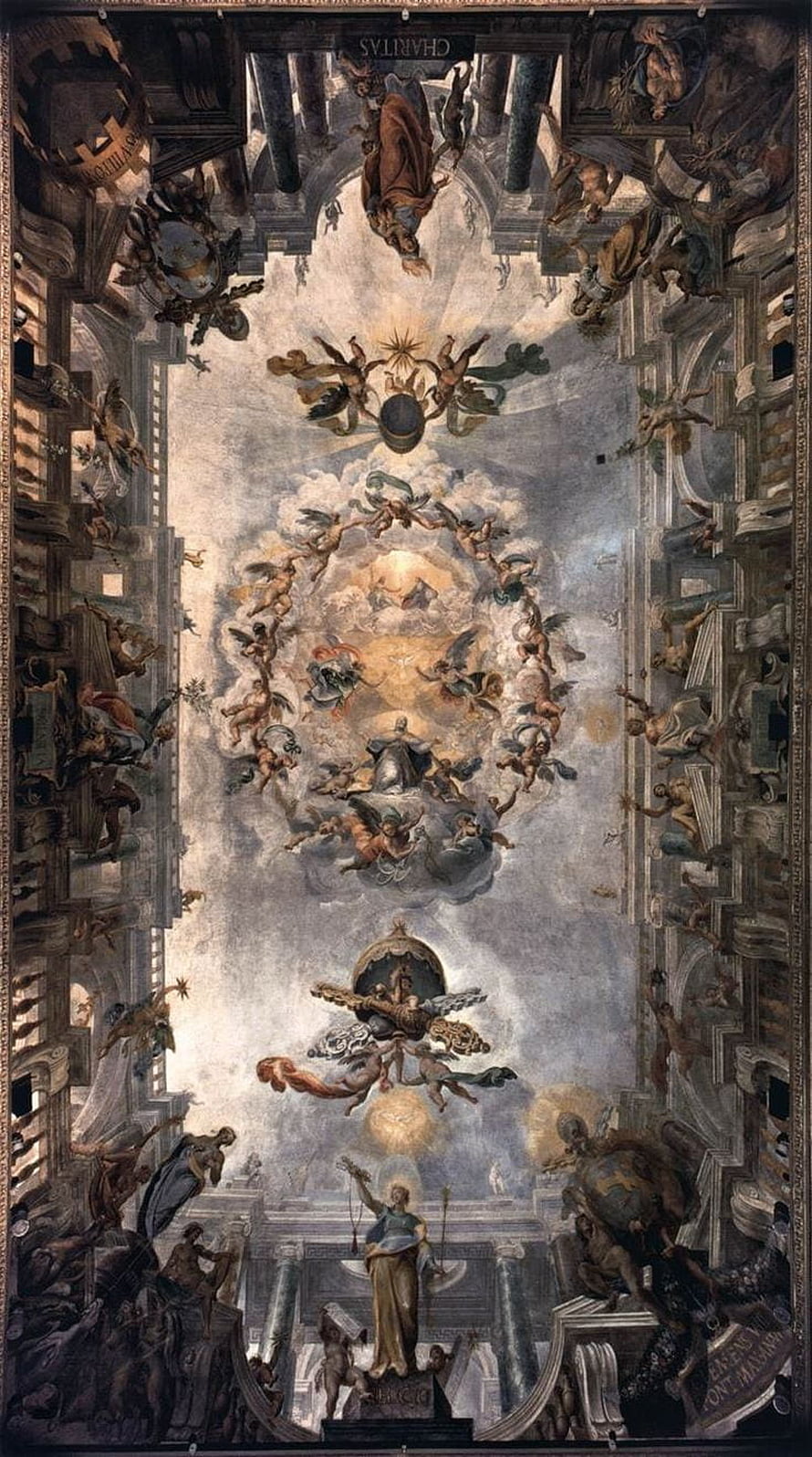 Baroque Ceiling Fresco with Angels and Religious Figures in Classical Architecture HD phone wallpaper