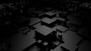 Dark Abstract Geometric 3D Cubes and Floating Platforms in Monochrome Black HD wallpaper