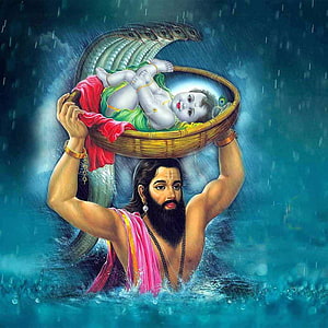 Baby Krishna and Vasudev in the Janmashtami Flood with Serpent Canopy HD phone wallpaper