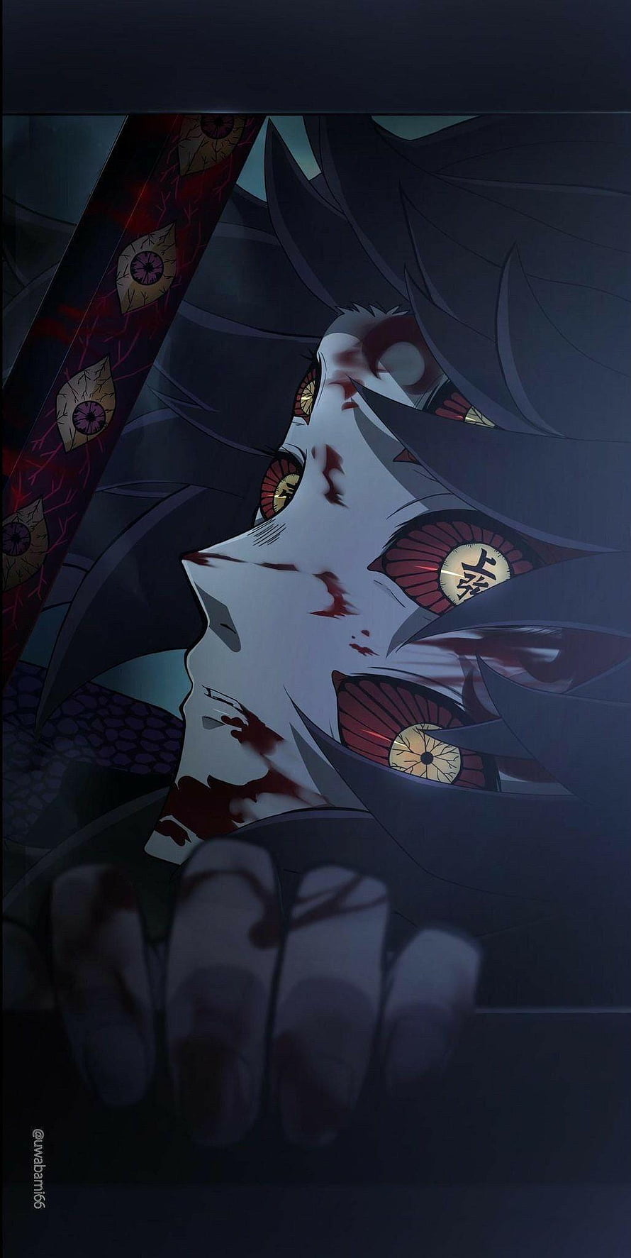 Kokushibo from Demon Slayer Anime with Multiple Eyes and Blood Stains HD phone wallpaper