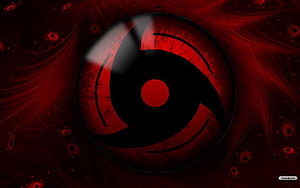 Sasuke Uchiha Mangekyou Sharingan Eye with Dark Red Swirls and Black Tomoe Pattern HD wallpaper