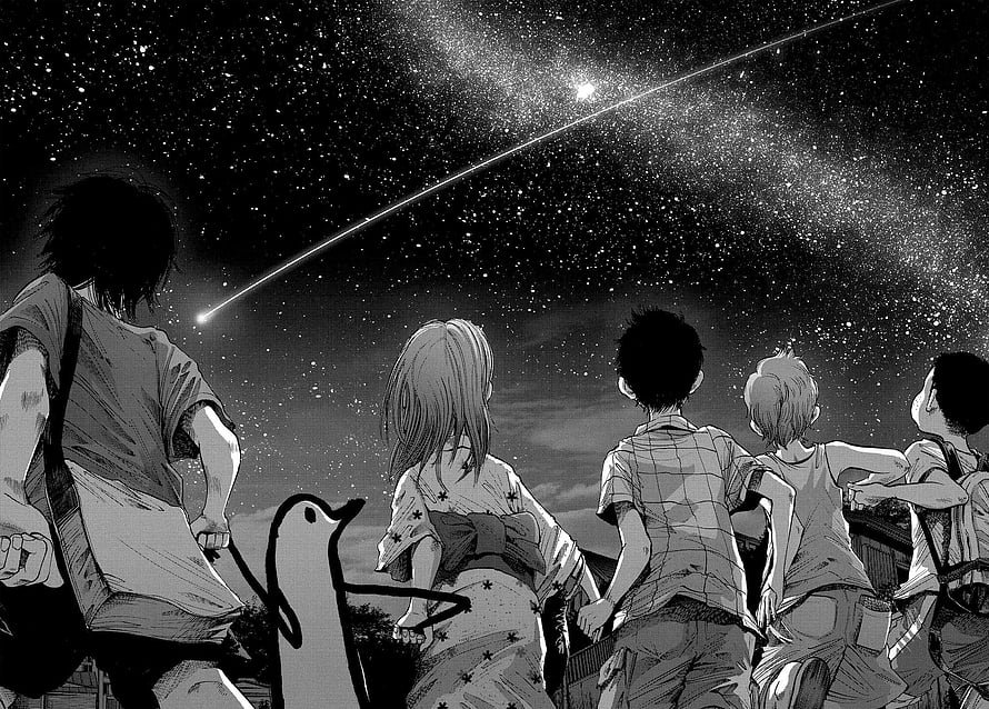 Oyasumi Punpun manga panel of children watching a shooting star under a starry night sky HD wallpaper