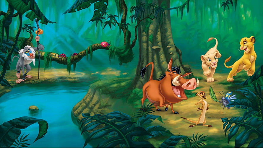 The Lion King Animated Jungle Scene Featuring Rafiki, Pumbaa, Timon, Simba, and Nala HD wallpaper
