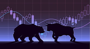 Bull and Bear Silhouettes Confronting Over Stock Market Candlestick Chart HD wallpaper