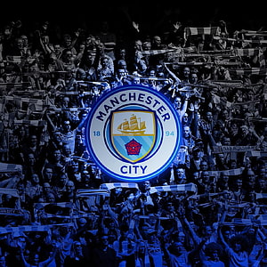 Manchester City FC Crest Over Sea of Celebrating Fans in Blue Stadium HD phone wallpaper