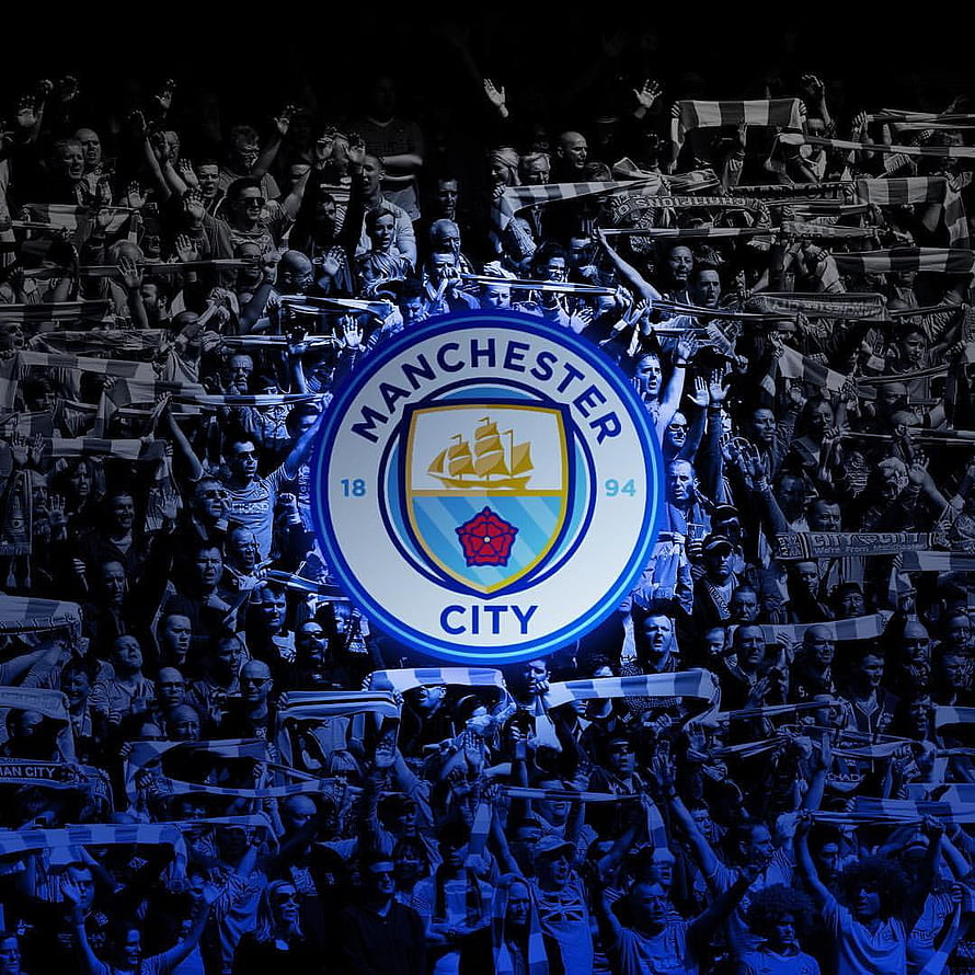 Manchester City FC Crest Over Sea of Celebrating Fans in Blue Stadium HD phone wallpaper