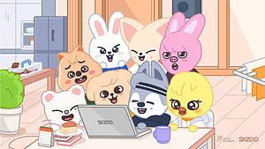 SKZOO Cute Animal Characters Gathered Around Laptop in Cozy Room HD wallpaper