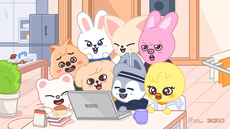 SKZOO Cute Animal Characters Gathered Around Laptop in Cozy Room HD wallpaper