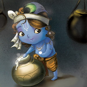 Cute Blue-Skinned Hindu Deity Child Pouring Milk from a Golden Pot HD phone wallpaper